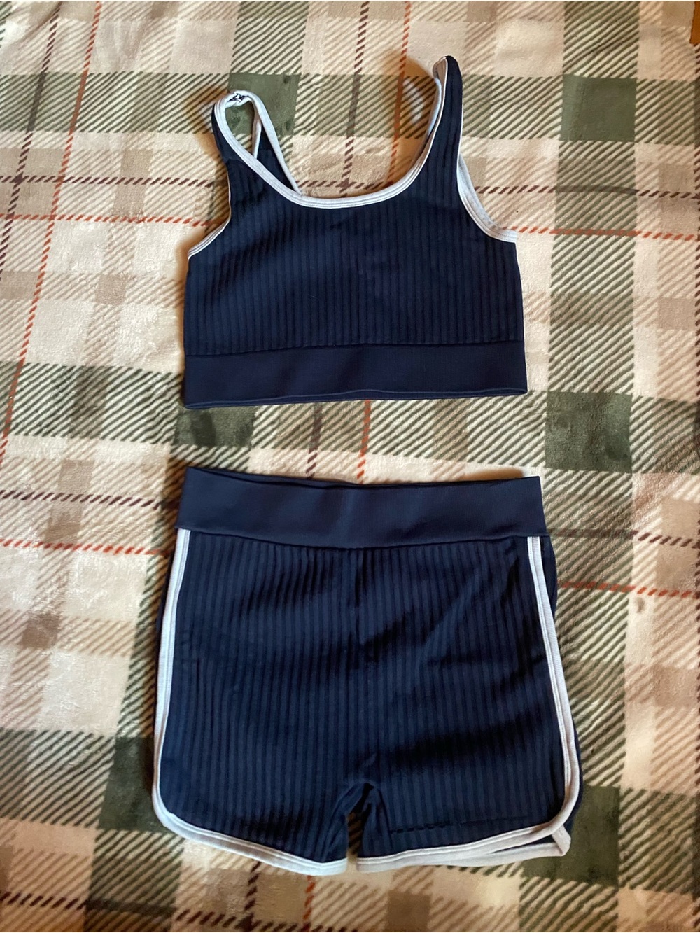 Navy Ribbed Athletic Crop Top & Shorts Set with light blue Trim
